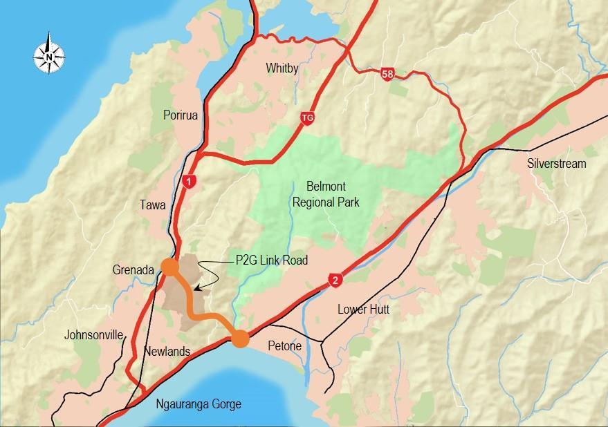 Page 2 1. INTRODUCTION The Petone to Grenada Link Road is a proposed East West connection linking SH 1 and SH 2 between Tawa and Petone as shown by Figure 1.