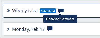 Confirmed Summary Comments display a Sent Comment icon next to period total: You can continue to edit your comments until you submit the Timesheet for approval.