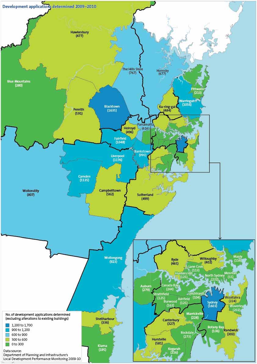 Sydney Water Annual Report 2011 Map 5: Development applications determined Map 5 shows the number of development applications (excluding alterations and additions)
