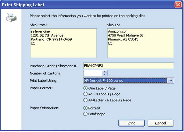 Check and input the correct settings, and number of cartons and click Print. Add a packing slip inside each box.