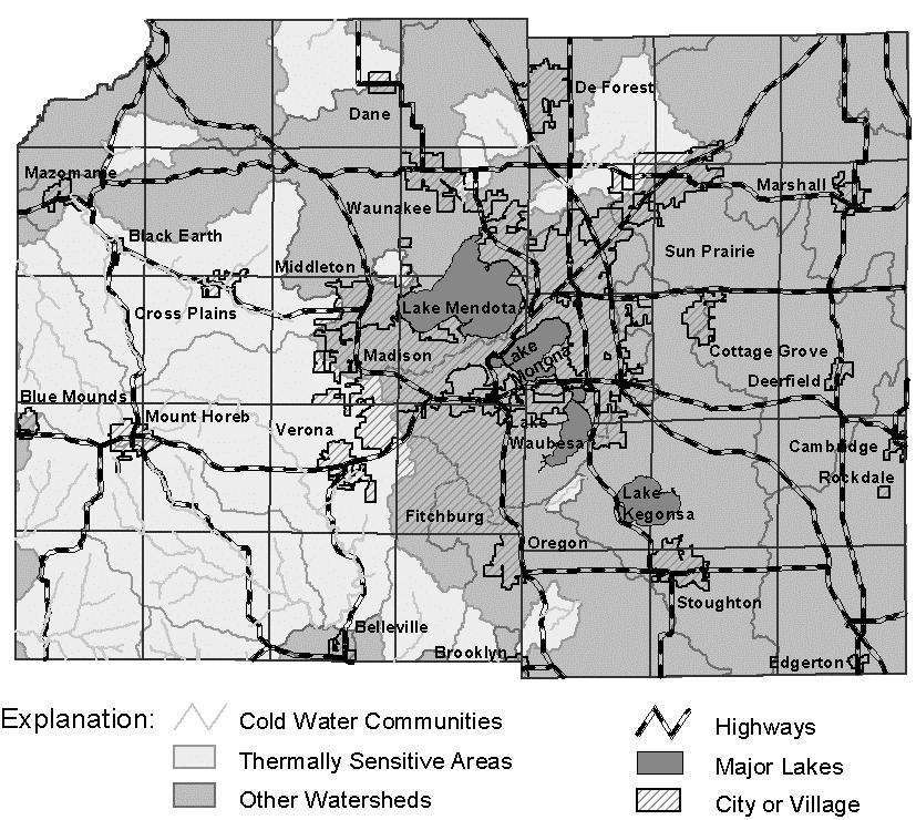 Figure 3.8-2 Stream Segments Requiring Thermal Control. The proposed and existing cold-water watersheds in Dane County, current as of July 9, 2002, are subject to change.