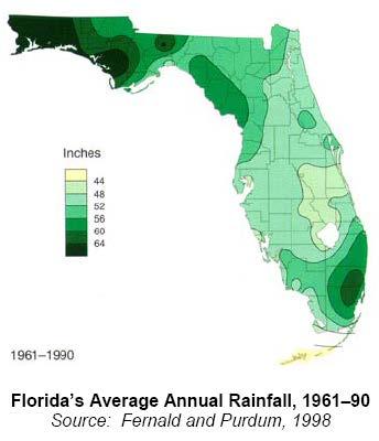 Florida Water Facts Surface Area = 170,452 km 2 Average Rainfall = 140 cm (55 ) Total Annual Rain = 238 billion m 3 (62.