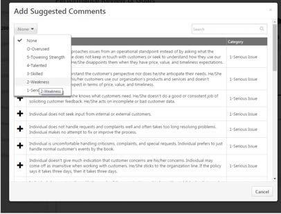 In the Add Suggested Comments box, select the appropriate rating from the Filter By drop-down menu. Read through each comment, then click the + next to a comment to select it.