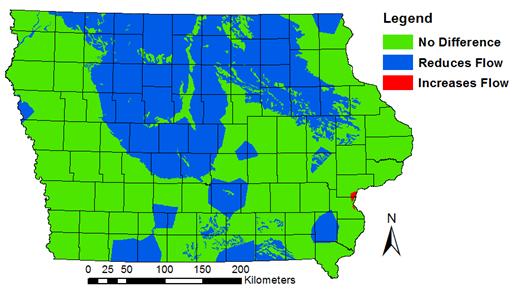 C) 75 th Percentile Figure 3.26 cont.: Impacts of tiling on runoff for the A) 25 th, B) 50 th, and C) 75 th percentile of the average daily normal precipitation in Iowa. 3.5.4 Impact of subsurface drainage for varying tile drain spacing Finally, we explored the role of drain spacing on modifying the subsurface drainage and hydrologic response.