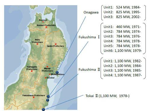 Nuclear Reactors Near Epicenter of the Earthquake 4 Nuclear Power Stations with 14 Units Onagawa Unit 1 524 MW, 1984- Unit 2 825 MW, 1995- Unit 3 825 MW, 2002- Fukushima Dai-ichi Unit 1 460 MW, 1971-