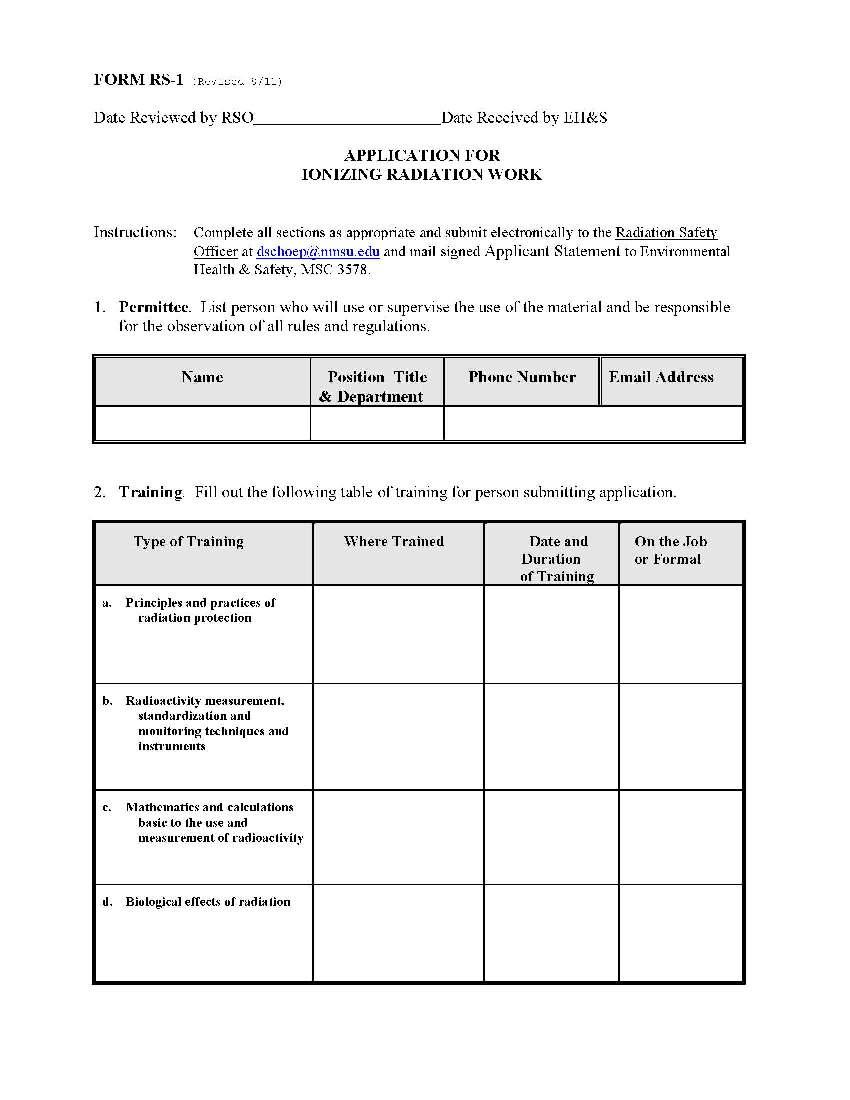 Form RS-1: Application for Ionizing Radiation Work