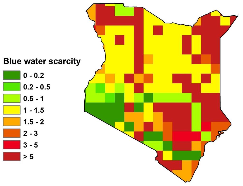 On average, much of Kenya faces moderate (yellow) to severe (red) levels of blue water scarcity.