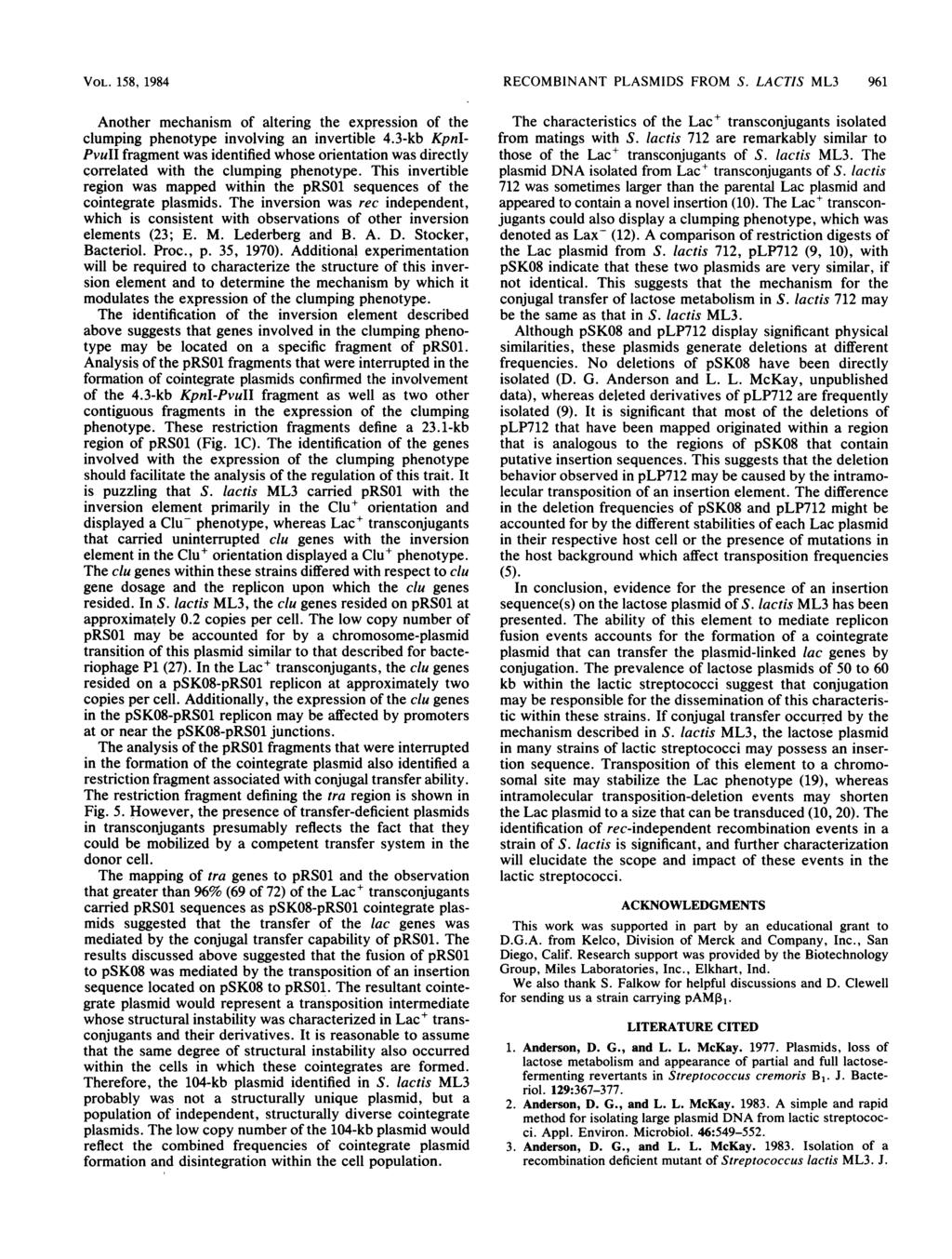 VOL. 158, 1984 Another mechanism of altering the expression of the clumping phenotype involving an invertible 4.