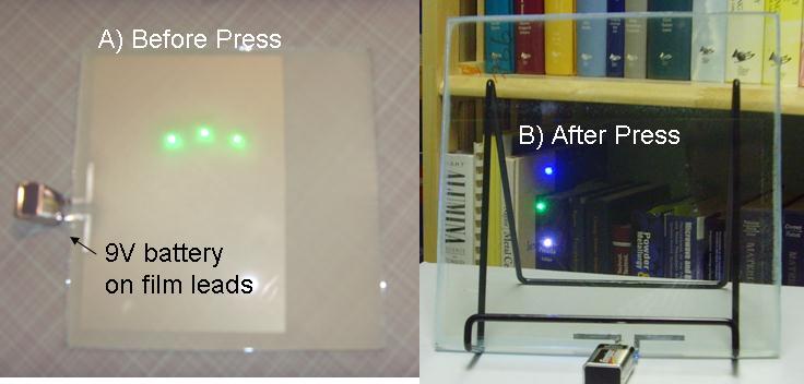 Figure 1. Polyester (PET) films with embedded light emitting diodes (LEDs) were laminated into glass using polyvinyl butyral (PVB) interlayers.
