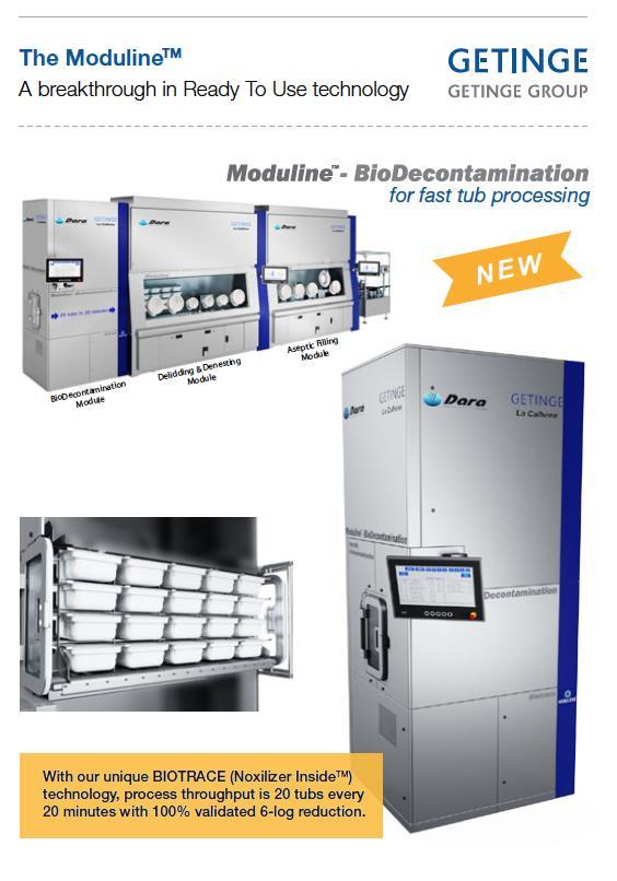 Bio-Pharma Production Component Preparation / Infeed Moduline TM -BioDecontamination: Rapid Biodecontamination Process SCF / RTF Tubs (syringes or other containers) Transfer into RABS or Class B / A