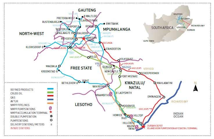 Existing Transnet Liquid Pipelines Network in South Africa
