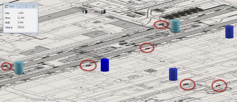 unloading spots at silos were mapped. A group of smelter silos and trucks (marked red) are shown in Figure 3.