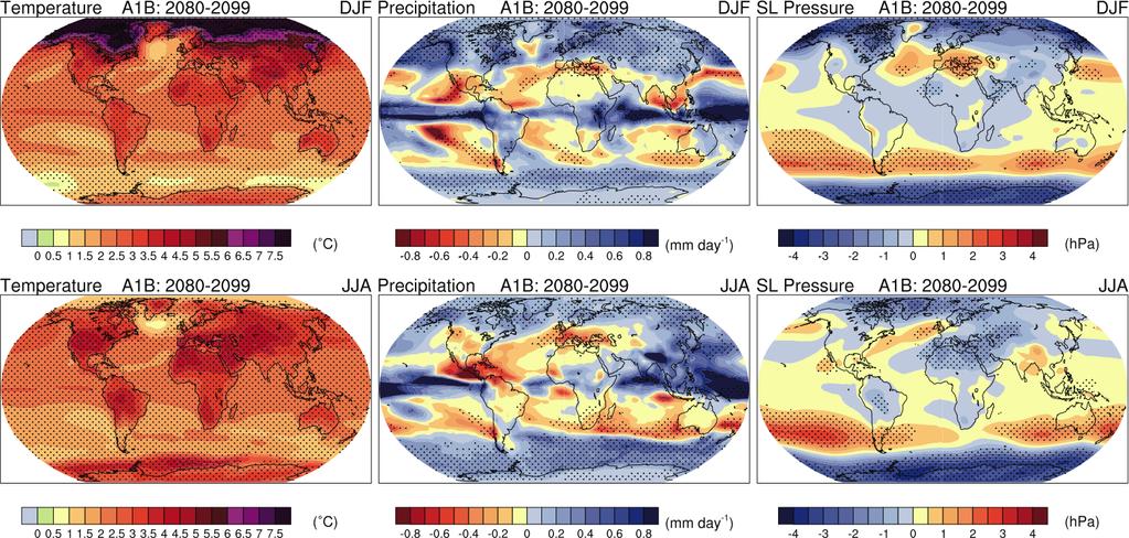 Projected changes in winter (DJF) and summer (JJA) surface air temperature, precipitation and sea level pressure for the period 2080-2099, relative to 1980-1999 from an average of models