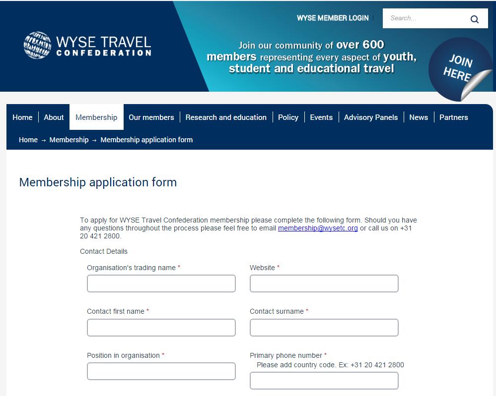 Membership Application Application process Welcome to WYSE Travel Confederation.