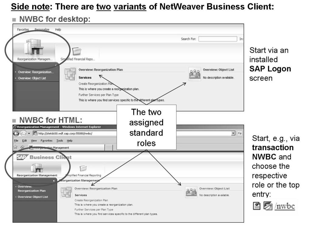 AC612 Lesson: Profit Center Reorganization Figure 73: NetWeaver Business Client (NWBC) The NWBC exists in two variants: NWBC for Desktop, is a rich desktop client, which can be downloaded and then