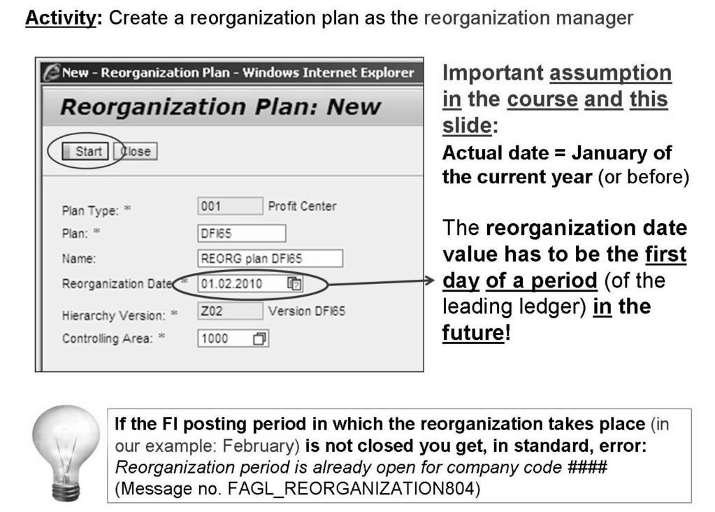 AC612 Lesson: Profit Center Reorganization Figure 75: Create Reorganization Plan (1) By assuming that the actual date is January, the first possible reorganization date is the first of February, as