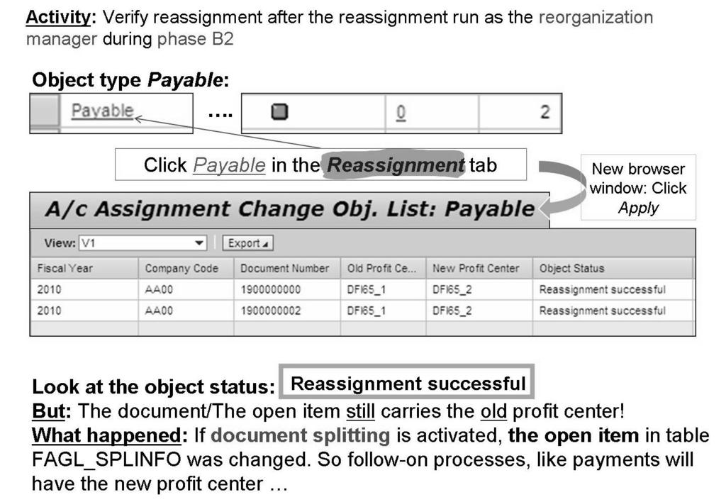 Unit 4: Profit Center Reorganization AC612 Figure 93: Check Reassignment Hint: Accounts receivables, accounts payables (and the GR/IR-account) are only in the scope of reorganization if document