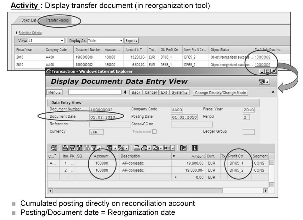 Unit 4: Profit Center Reorganization AC612 Figure 96: Display Transfer Document in Reorganization Tool Document header text: REORG [Name of REORG