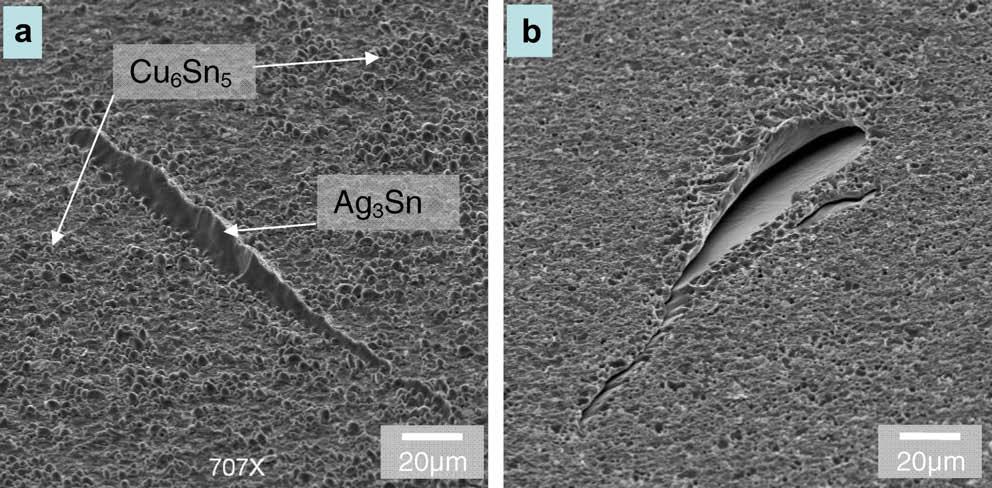 284 S.M. Hayes et al. / Microelectronics Reliability 49 (2009) 269 287 Fig. 28. Opposing fracture surfaces of an (a) Ag 3 Sn formation and (b) the related void left in the solder for Sn 4.0Ag 0.