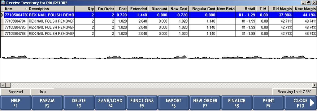 Receive Inventory window: AT A GLANCE Quantities, costs, and retail prices of item being received can be verified for accuracy; incorrect information can be edited Product Information These columns