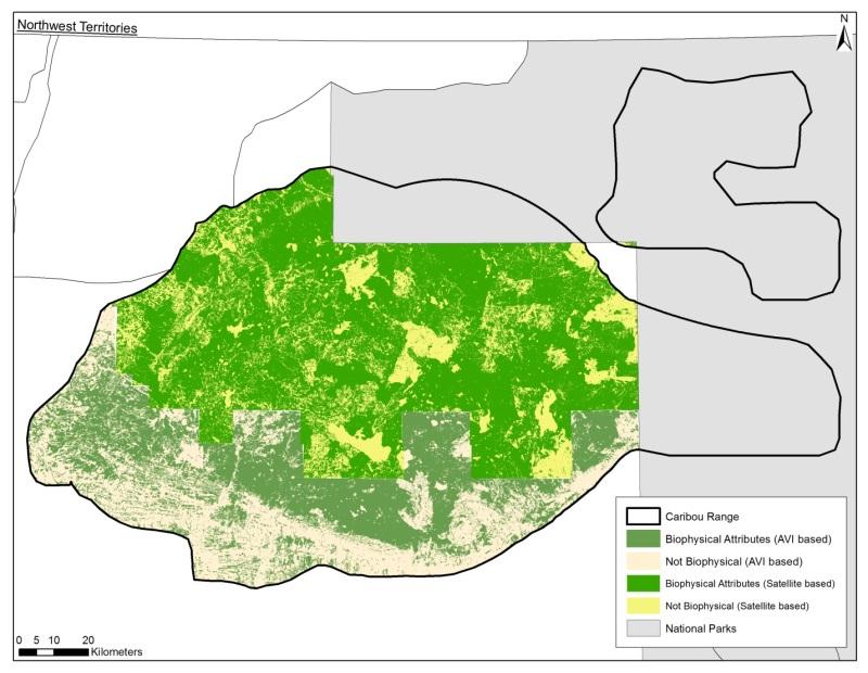 Figure 17 Current availability of caribou biophysical habitat in the Caribou Mountains caribou range.