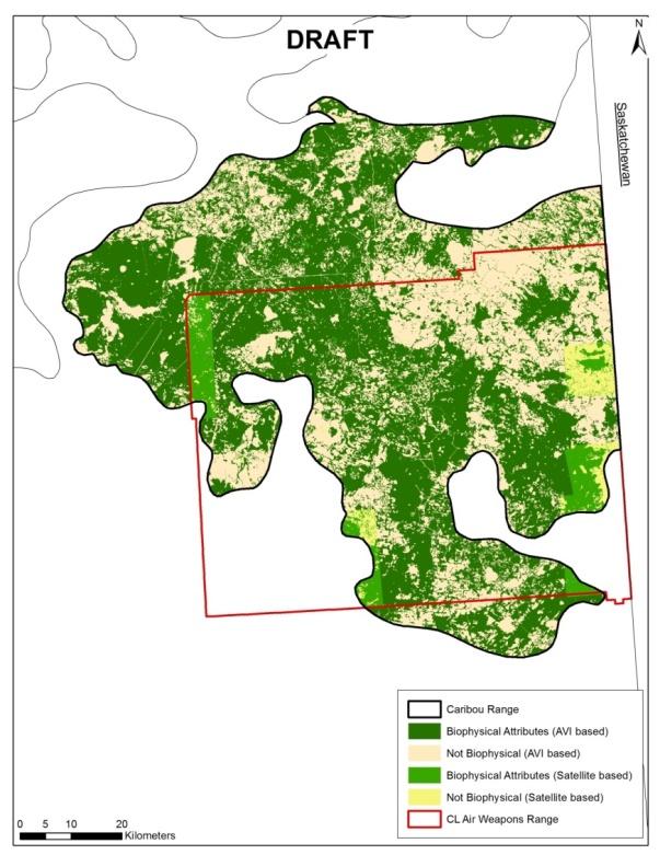 Figure 29 Current availability of caribou biophysical habitat for caribou in the Cold Lake caribou range.