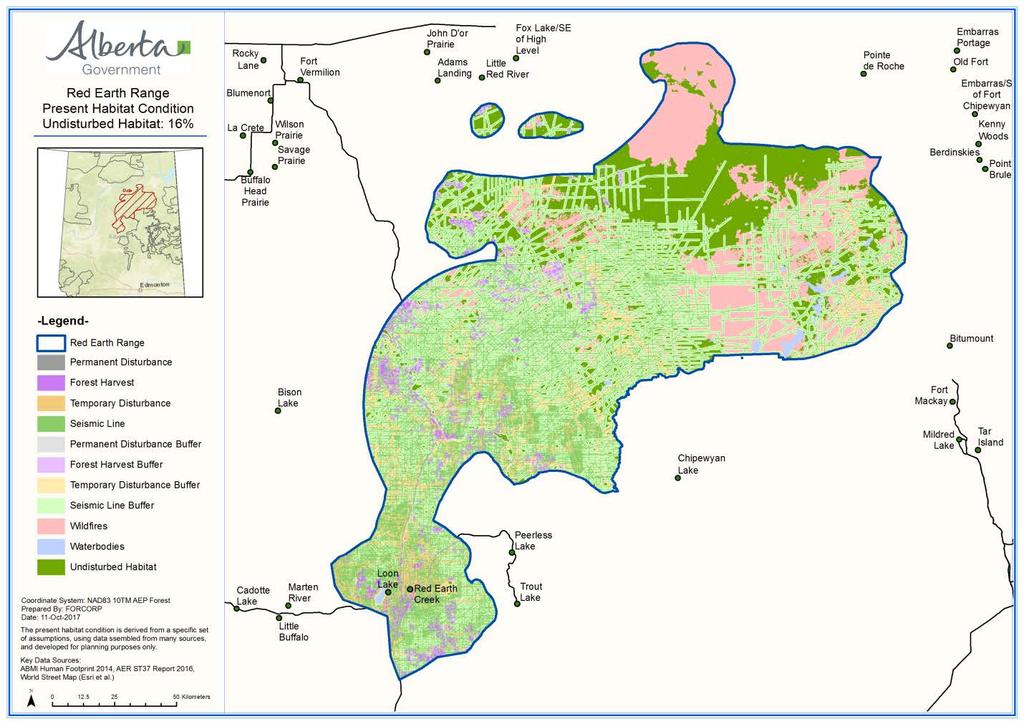 Figure 56 The current state of disturbed and undisturbed habitat within the Red Earth caribou range. 10.3.