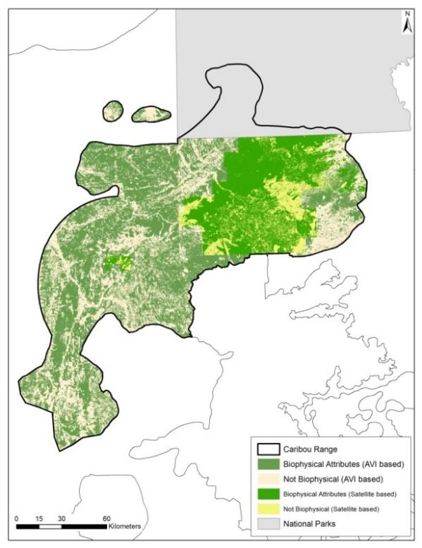 Figure 59 Current availability of caribou biophysical habitat in the Red Earth caribou range. Where available, biophysical habitat was classified using Alberta Vegetation Index (AVI) orthophoto data.