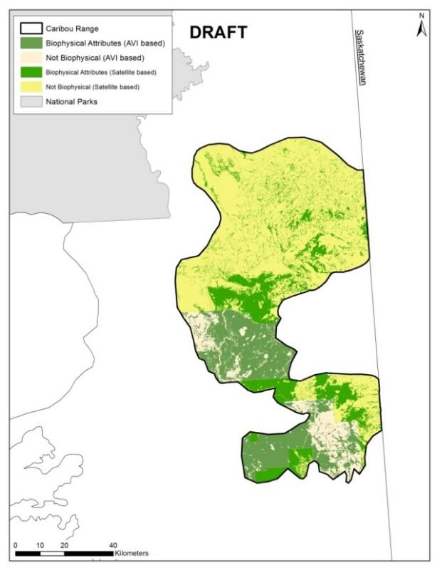 Figure 71 Current availability of caribou biophysical habitat in the Richardson caribou range.
