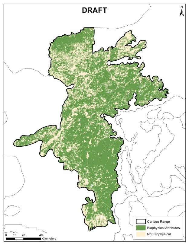 Figure 83 Current availability of caribou biophysical habitat for caribou in the WSAR caribou range.