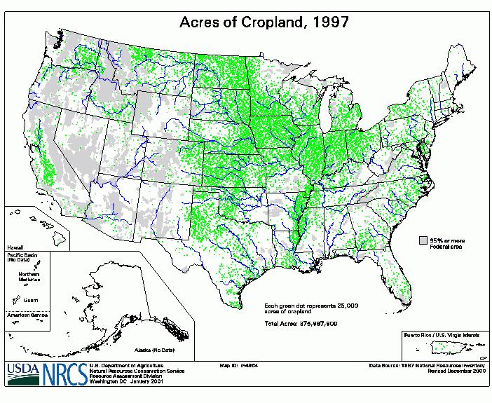 Figure 3-3: Cropland distribution in the United States (Source: NRCS) Since most of the generating units in Indiana are coal-fired, it is likely that if any agricultural residues are going to be