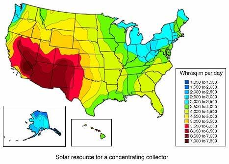 Figure 5-4: Annual average solar radiation for a concentrating collector (Source: DOE) In 1998, a study was carried out by EIA [13] to determine the trends in the U.S. photovoltaic industry.