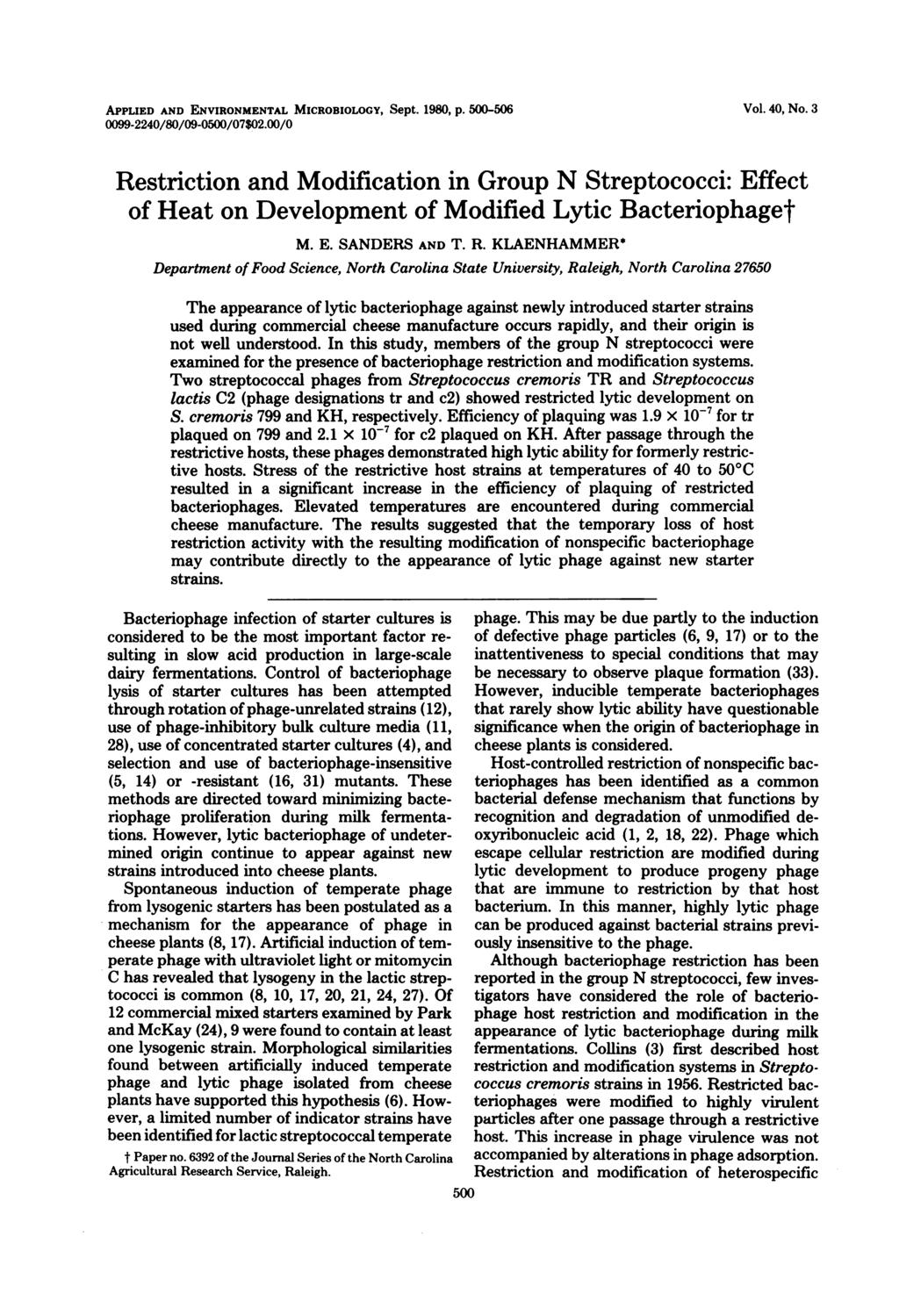APPLIED AND ENVIRONMENTAL MICROBIOLOGY, Sept. 198, p. 5-56 99-224/8/9-5/7$2./ Vol. 4, No.