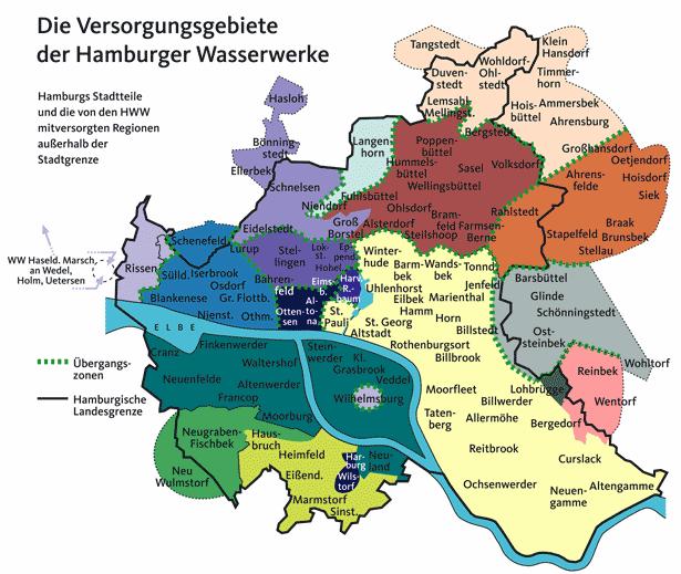 Figure 7.1 Map of water supply for the region of Hamburg and vicinity, the Suederelbmarsch water supply work supplies water for the 11 districts in the area in dark green, which includes Wilhelmsburg.