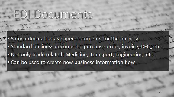 EDI documents generally contain the same information that would normally be found in a paper document used for the same organizational function.