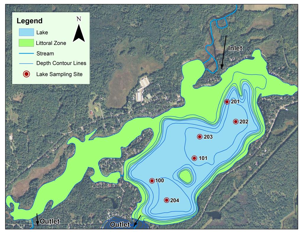 Lake Map Figure 1. Map of Little Pine Lake with 21 aerial imagery and illustrations of lake depth contour lines, sample site locations, inlets and outlets, and public access points.