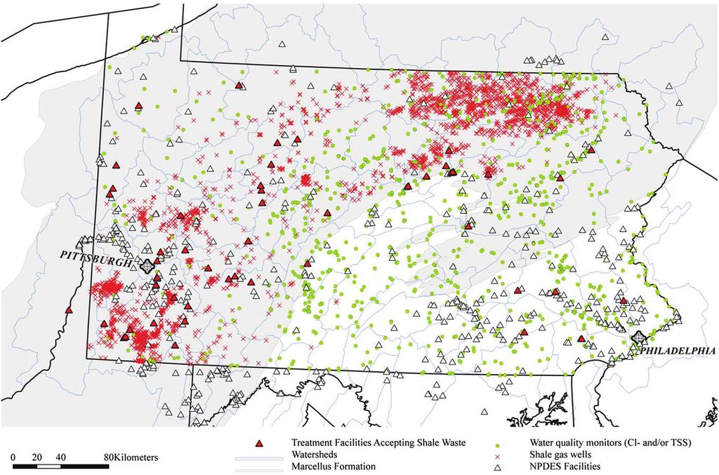 SUSTAINABILITY SCIENCE Fig. 1. Surface water quality monitors, shale gas wells, and wastewater treatment facilities in Pennsylvania watersheds (2000 2011).