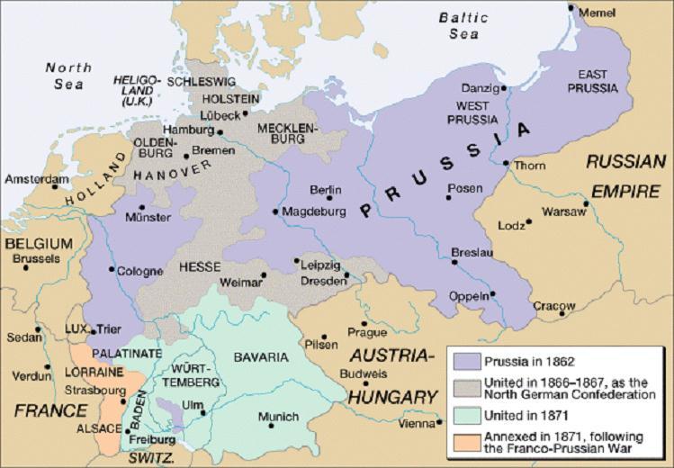 Germany was a loose confederation of 38 states ruled by princes or kings PRUSSIA was the largest Napoleonic Wars caused formation of the Confederation of the Rhine Fredrick William & Otto Von