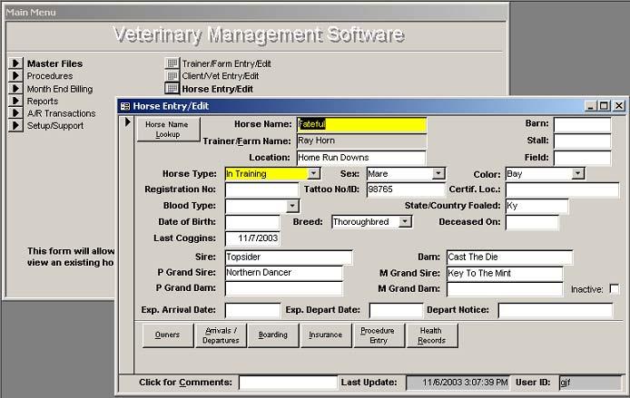 The horse entry screen includes optional fields for breed type, pedigree, location and registration