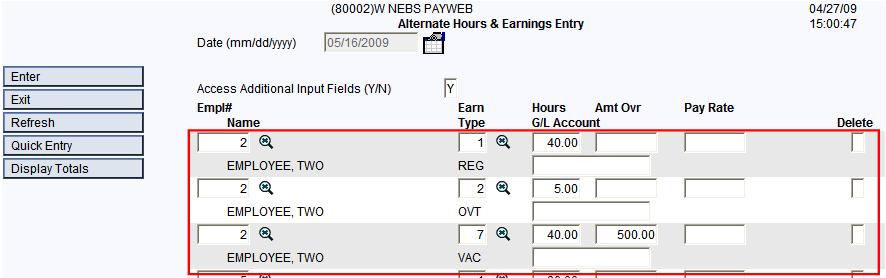 Step (f) For the next entry, we tab over (skip) the Empl# field to the Earnings Type and key in 02; then we key 5 in the Hours field and press Enter.