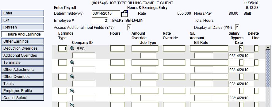 Salary Employees You don t have to enter Hours and Earnings for Salary Employees. They are paid automatically using Earnings Code 01 based on the Employee Profile.