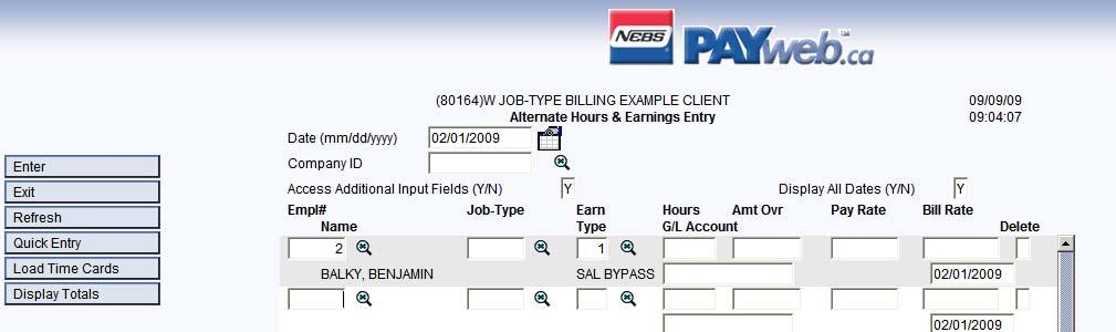 when you return to the Alternate Entry screen the record will display in the Alternate Entry screen as an empty record (just Employee number and Earnings Type, without Hours).