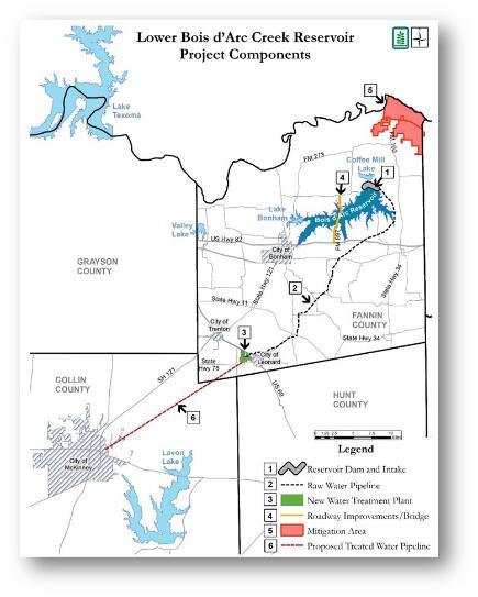 LOWER BOIS D ARC CREEK RESERVOIR PROJECT First major reservoir to be constructed in Texas in the last 30 years Location: Fannin County, TX Area: 16,526 acres Supply: up to 108 MGD Average/ Max Depth: