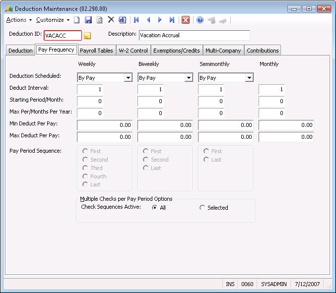 12 Advanced Payroll 12. Click on the Pay Frequency tab to establish how often the fringe benefit is to be calculated.