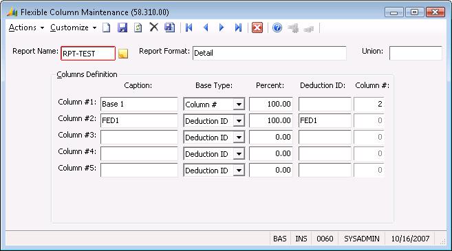 Maintenance Screens 67 Flexible Column Maintenance (58.310.00) This screen adds the ability to generate several versions of monthly union related reports.