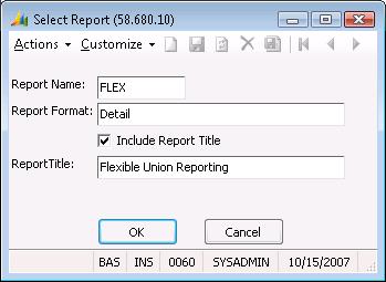 Reports 91 Select Report (58.680.10) Select Report (58.680.10) is used to select the flexible column report definition created in Flexible Column Maintenance (58.310.