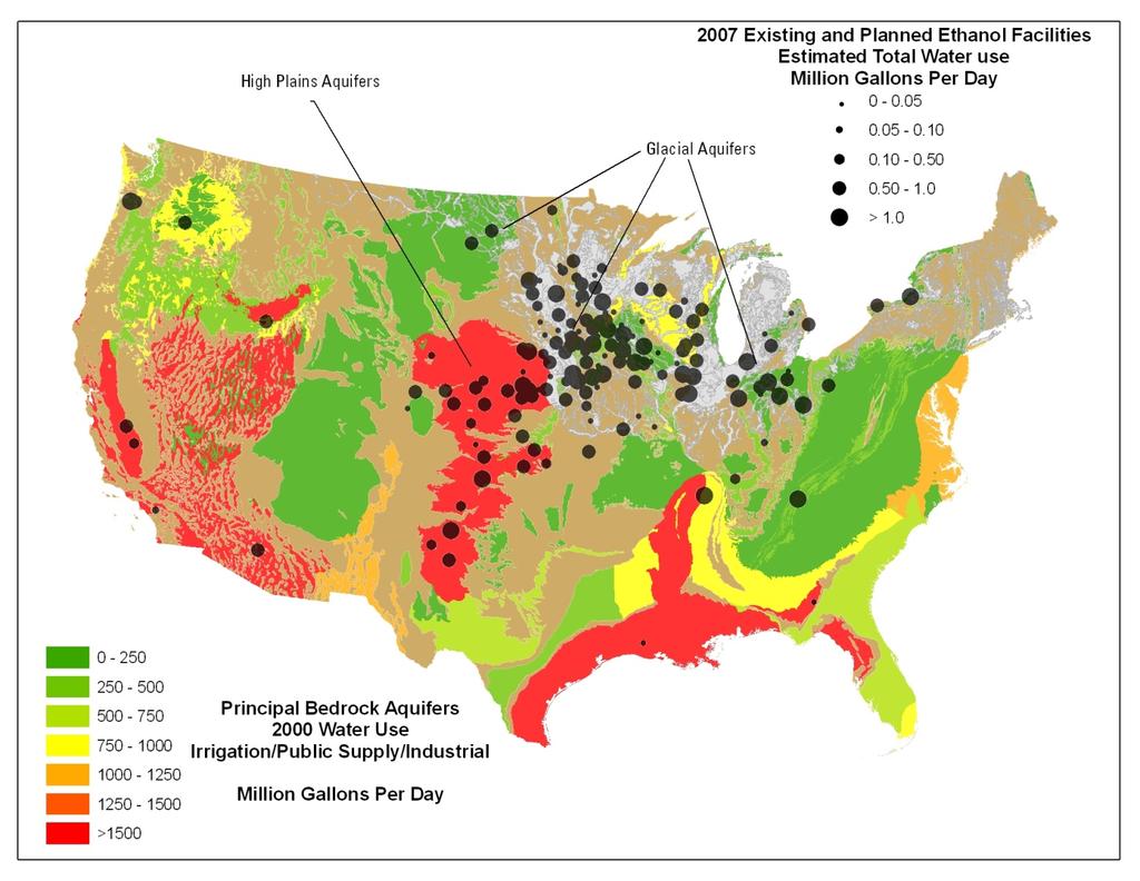 Ethanol Facilities and Major Aquifers Production Facilities in Midwest require high quality water from glacial (confined)