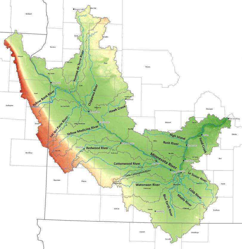 Rivers & Streams WATER QUALITY & QUANTITY The Minnesota River drains a basin of 14,840 square miles including all or parts of 37 counties; 1,610 square miles in South Dakota and the remaining area in