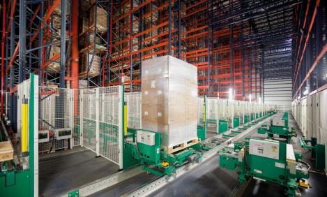 The racking is fourteen levels high with a triple-pallet storage depth each.