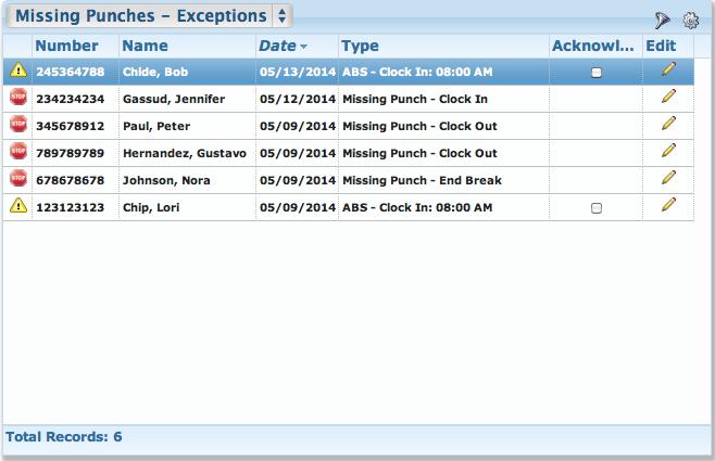 NOTE: If the Missing Punches Exceptions Screen is not in view, click on the dropdown arrow to select it from the list.